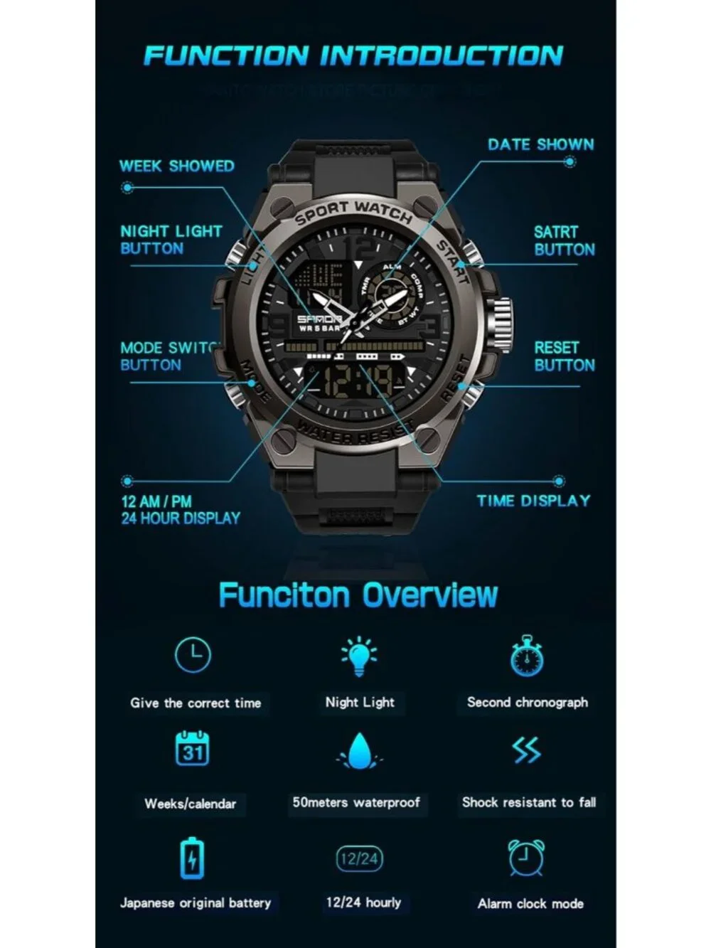 Men All Black Analog Quartz Sports Outdoor Waterproof Military LED Digital Watch